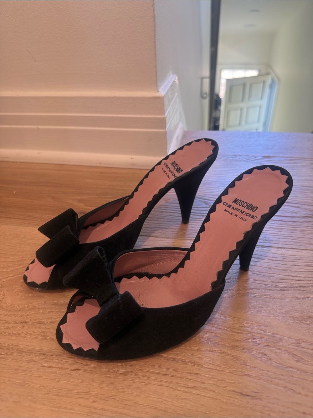 Moschino Black Suede Bow Slide Mules with Pink Insole